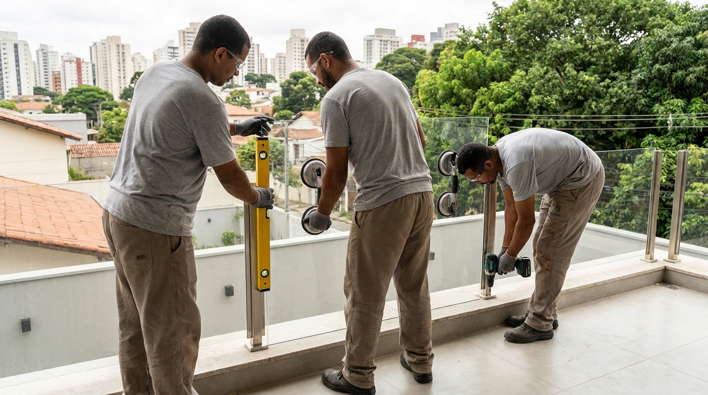 Guarda-corpo em terraço alto com vista cidade em Diadema-SP
